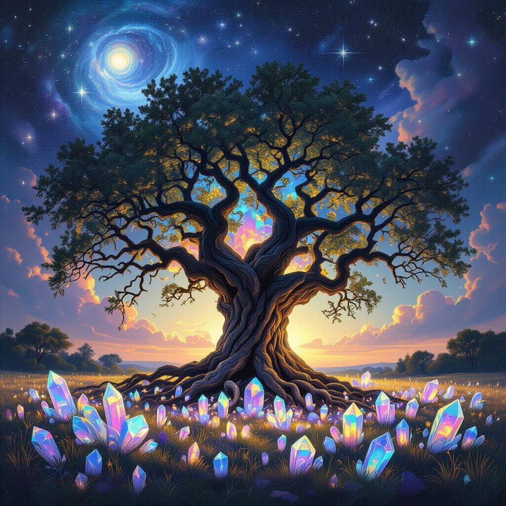 Ancient Oak Under Cosmic Nebula Sky with Crystal Field
