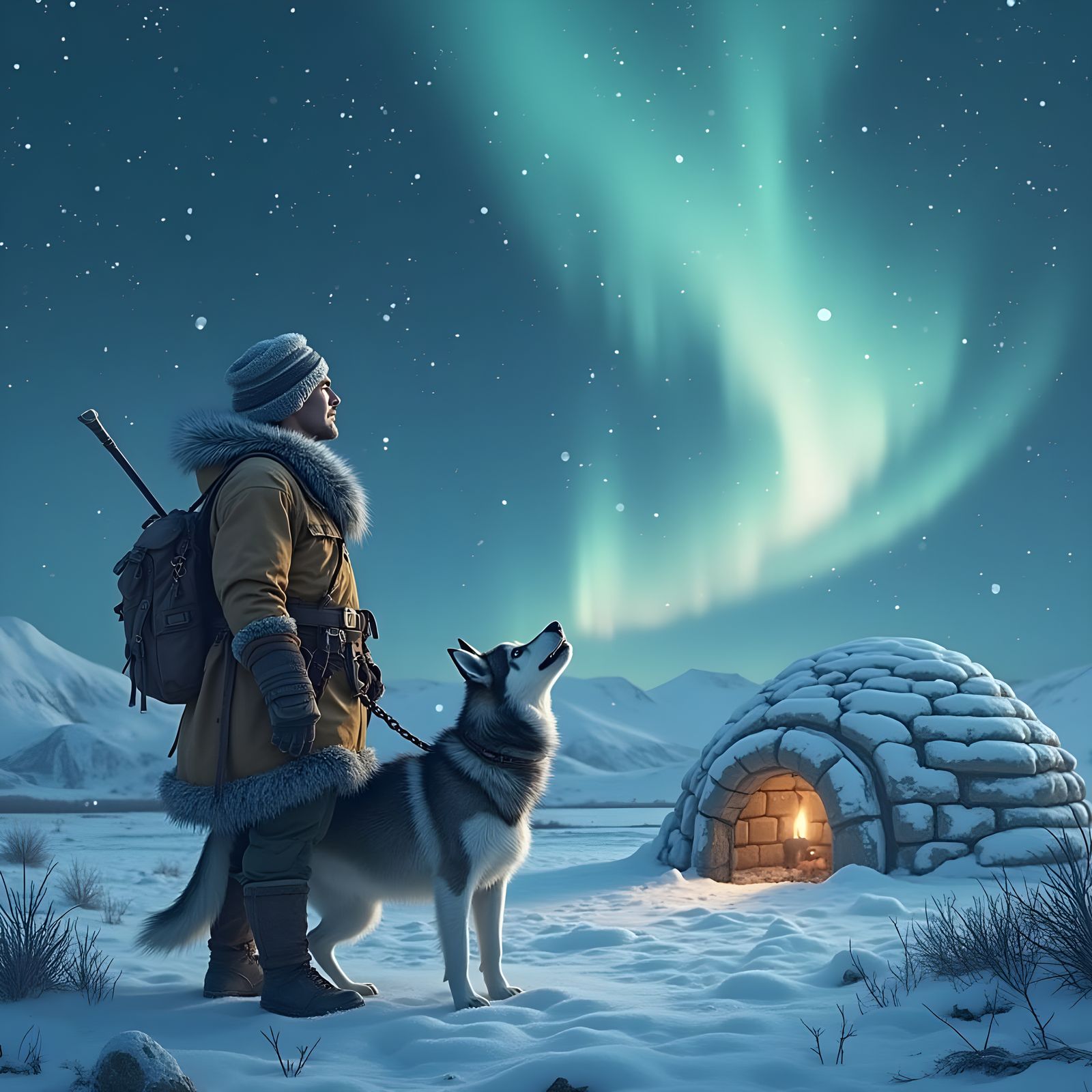 Rugged Inuit Hunter Amidst Aurora Borealis