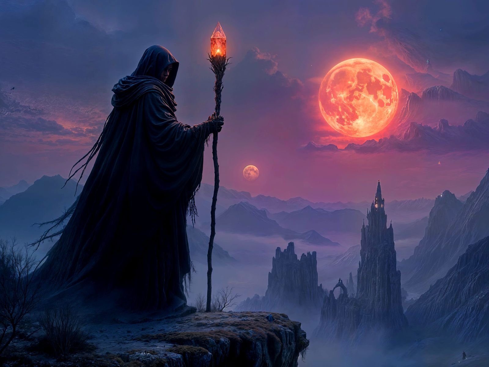 Shadowed Traveler on Windswept Cliff at Twilight