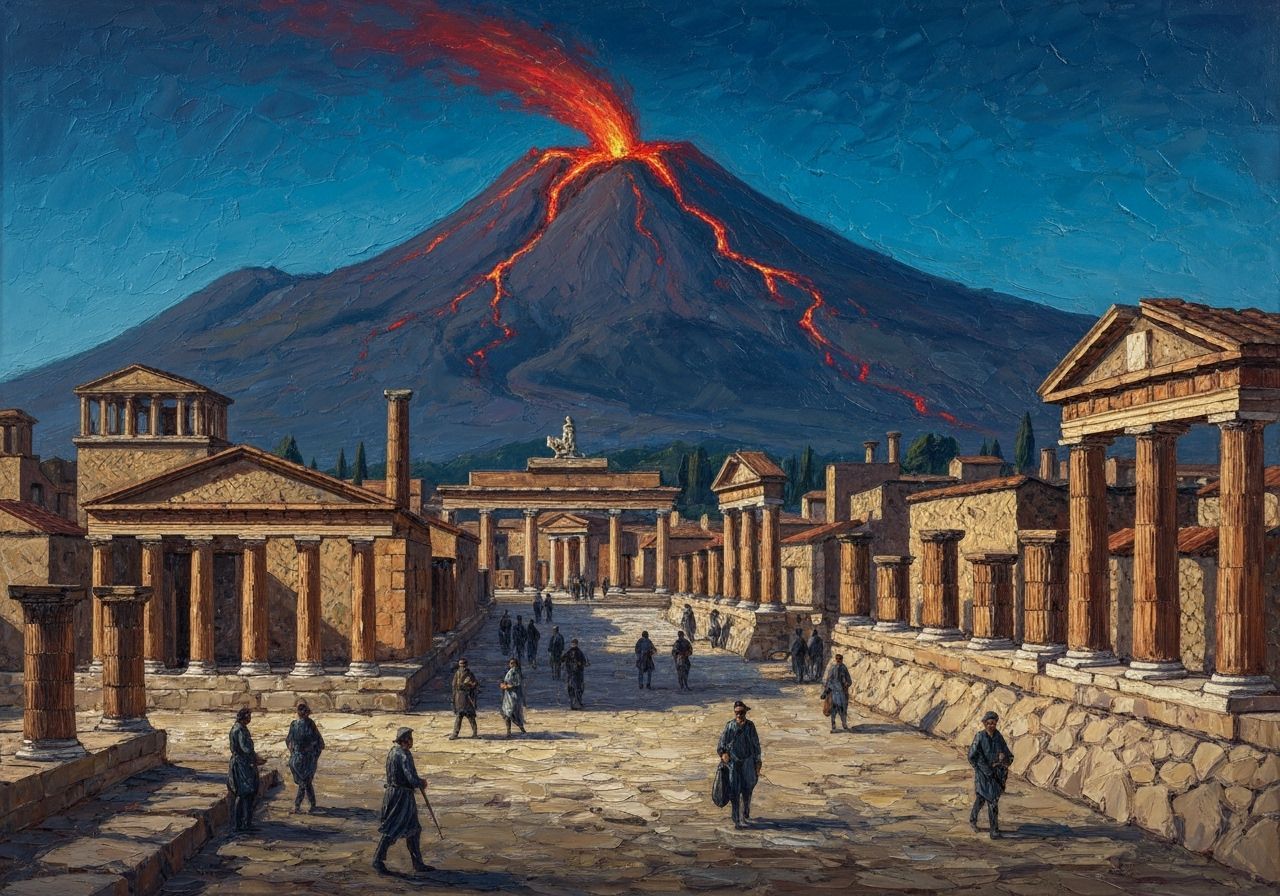 Impasto Impressionist Pompeii at Night with Vesuvius Eruptin...