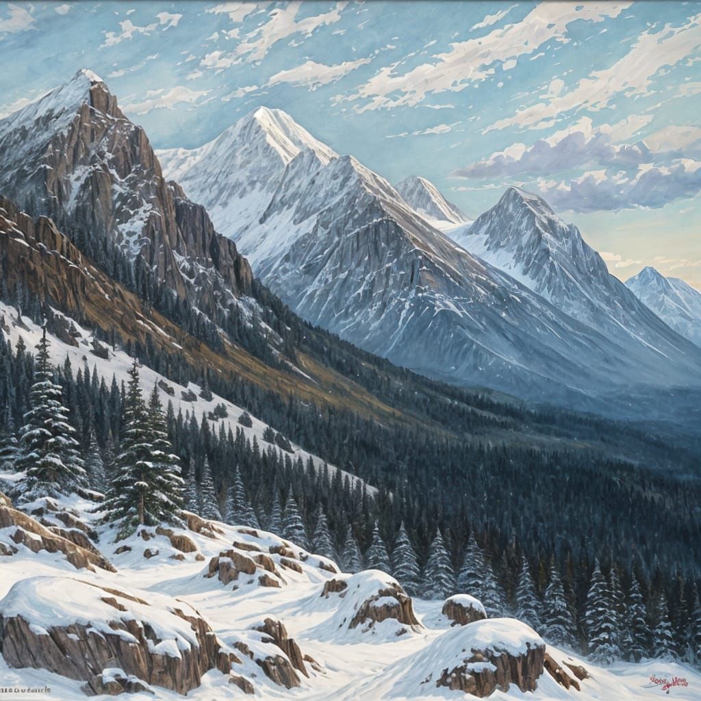 Rocky Mountain Impasto Painting in Dark, Cold Palette