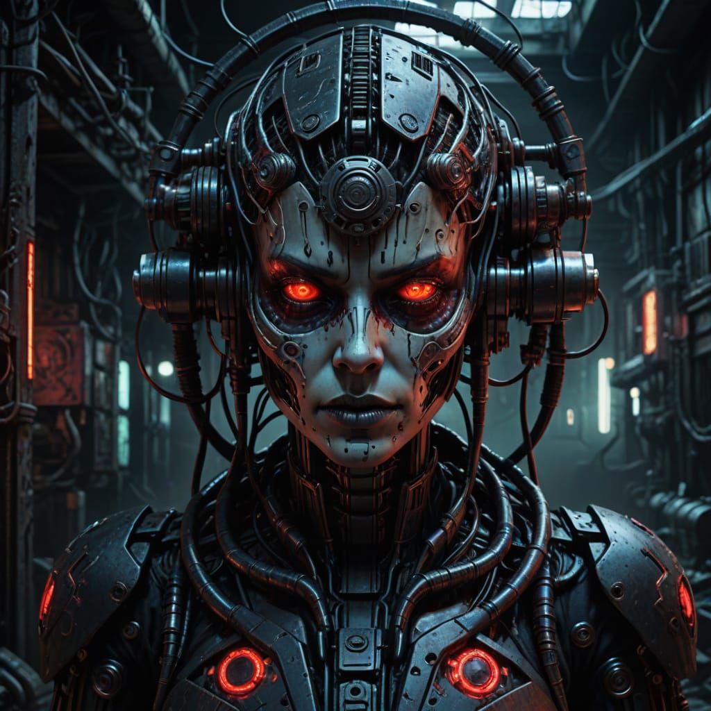 Cyborg Woman in Dark, Gritty, Industrial Style