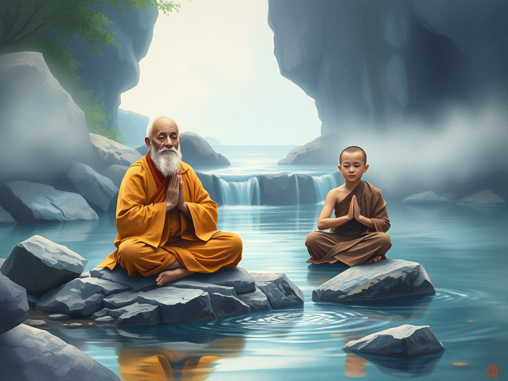 Monks Meditating by Waterfall in Pastel Watercolor