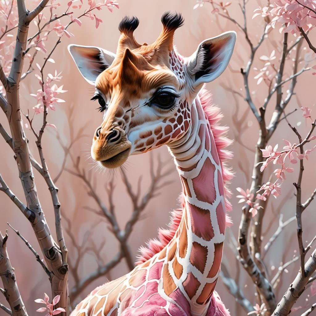 Cute Plush Pink Giraffe in Hyperrealistic Digital Art