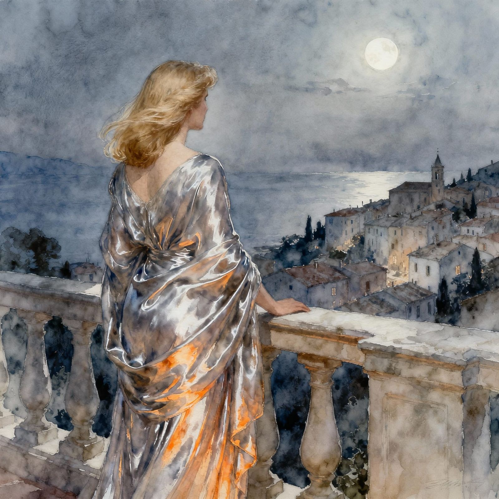 Woman in Silk Gown on Italian Balcony Under Moonlight