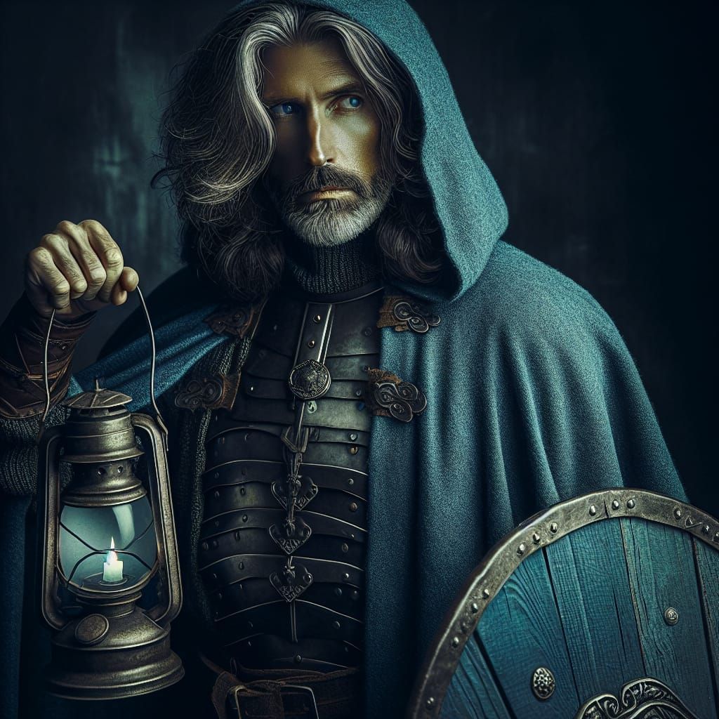 Battle-Ready Man in Blue Robe with Lantern