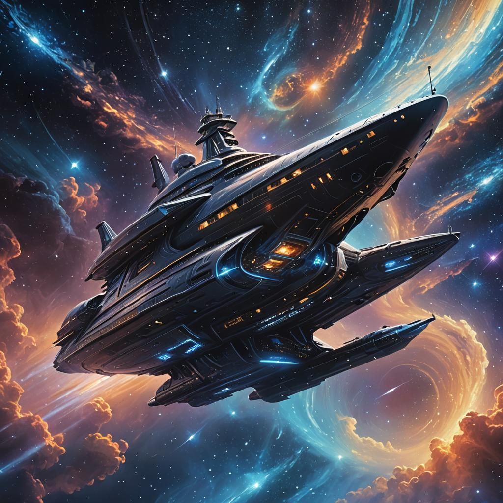 Starship Sailing Through a Vibrant Galaxy