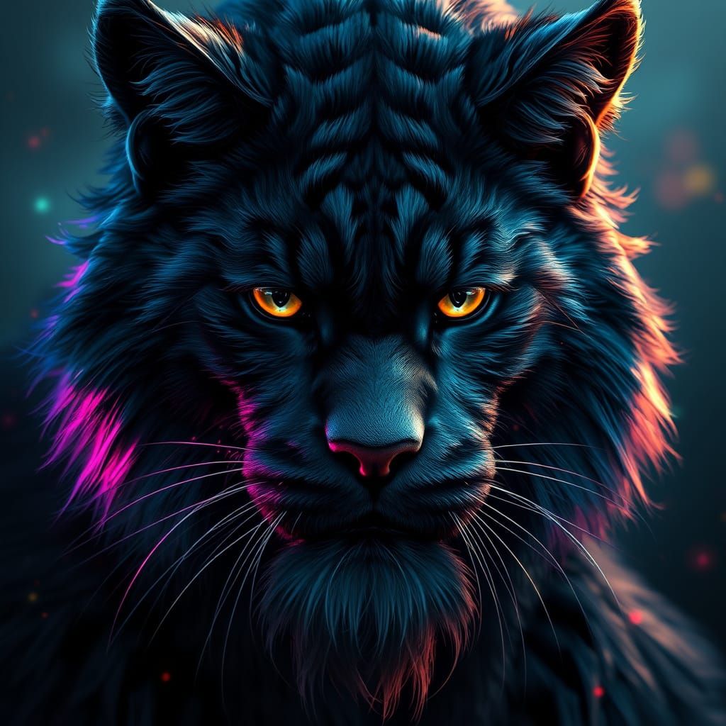 Spectacular Black Maincoon Feline in Vibrant Triadic Colors