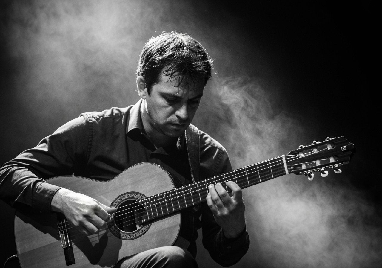 Black and White Portrait of Guitarist in Spotlight