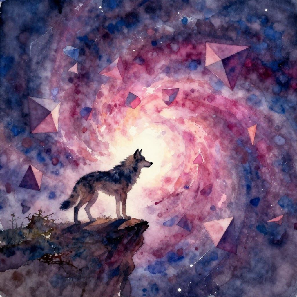 Lone Wolf Overlooking Nebula in Ethereal Watercolor Style