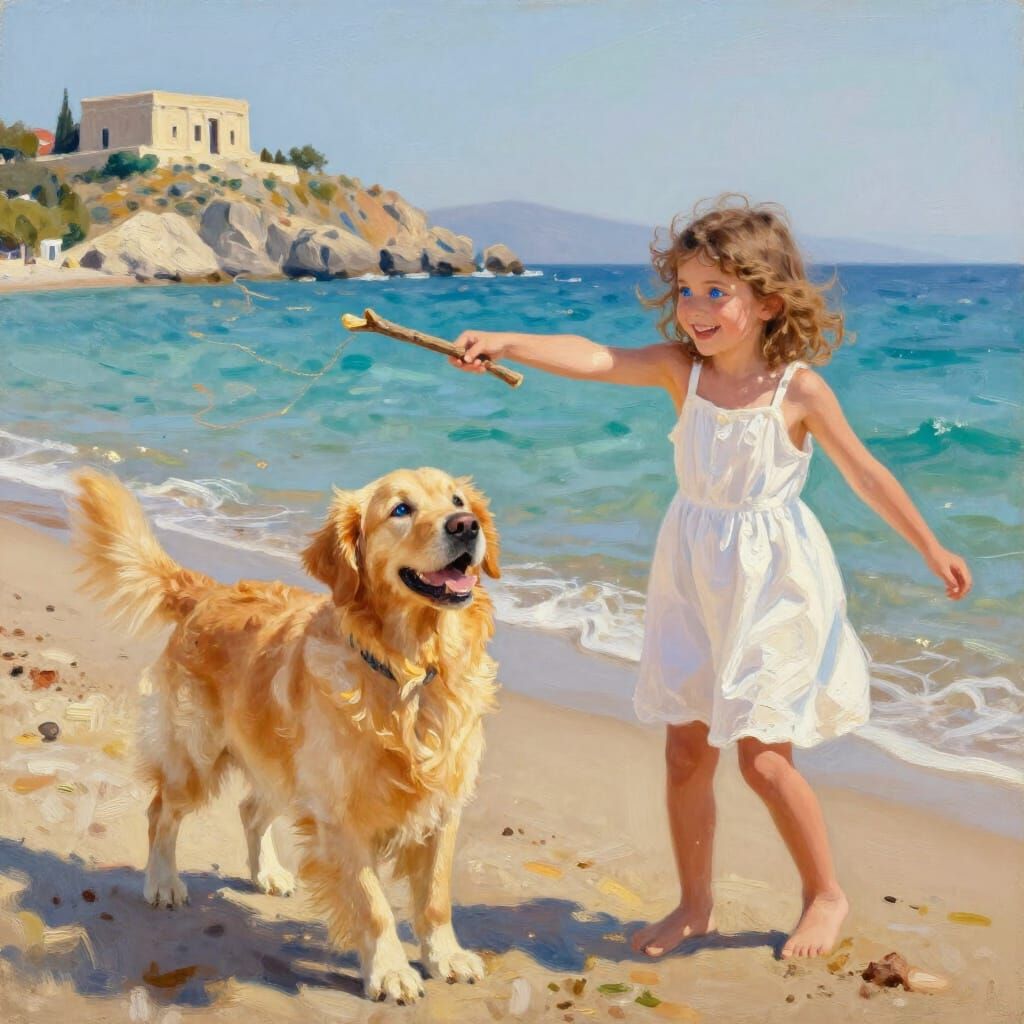 Golden Retriever and Girl on Greek Beach in Impressionistic ...