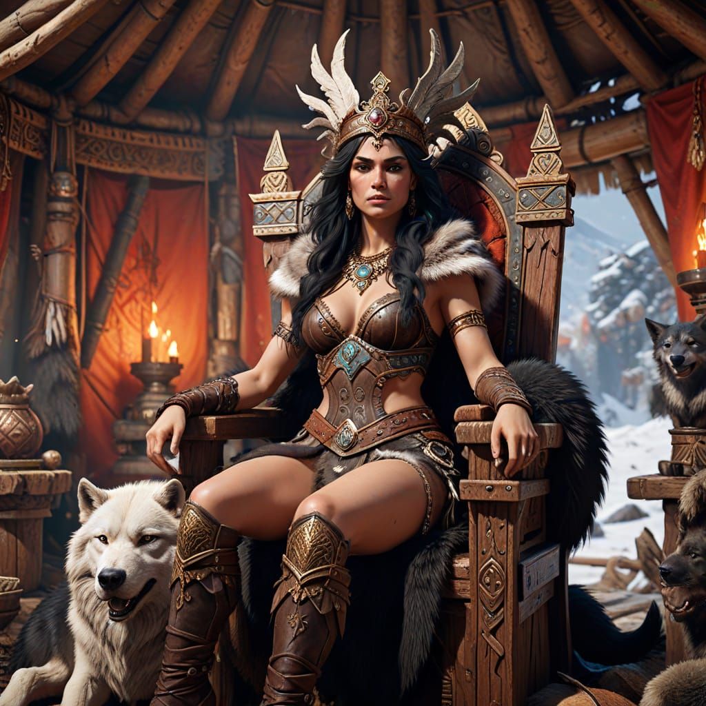 Barbarian Queen on Throne in Yurt, Fantasy Concept Art