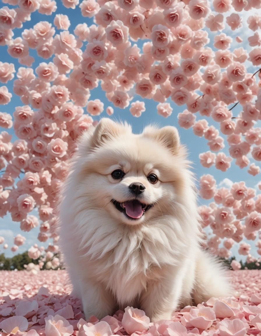 Pomeranian in Pink Rose Petal Sky