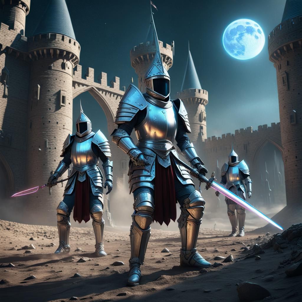 Futuristic Knights Defending Lunar Castle in Dark Fantasy Ar...