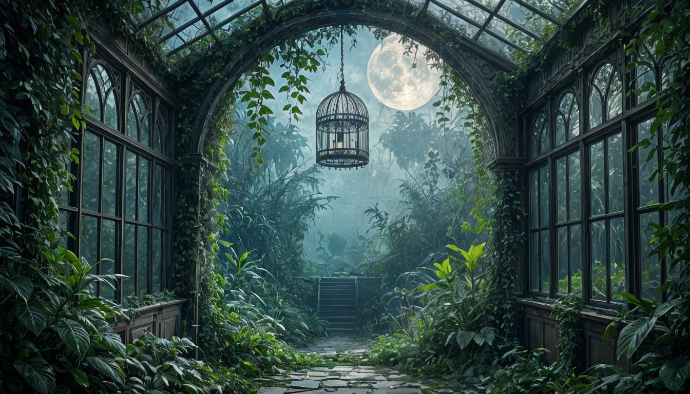 Moonlit Victorian Greenhouse with Luminous Plants