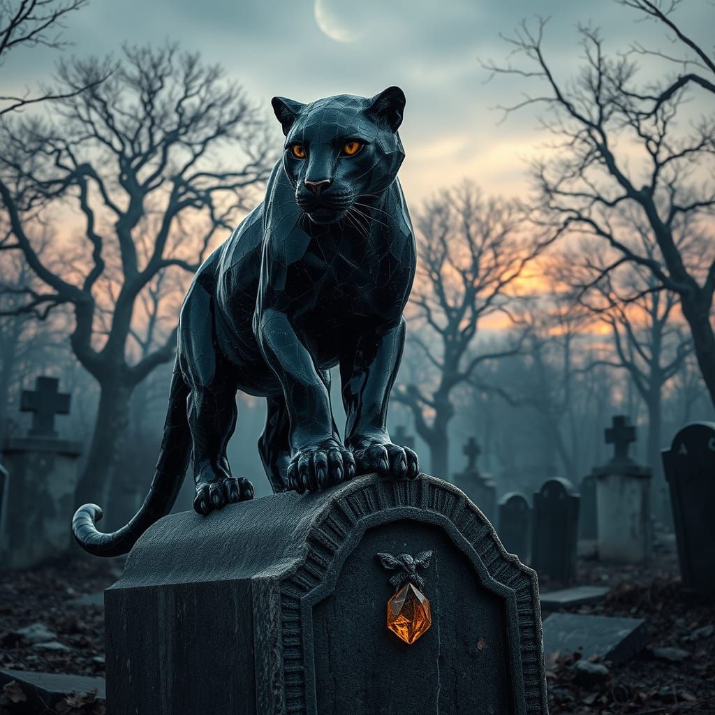 Onyx Panther on Tomb in Decayed Graveyard at Dusk