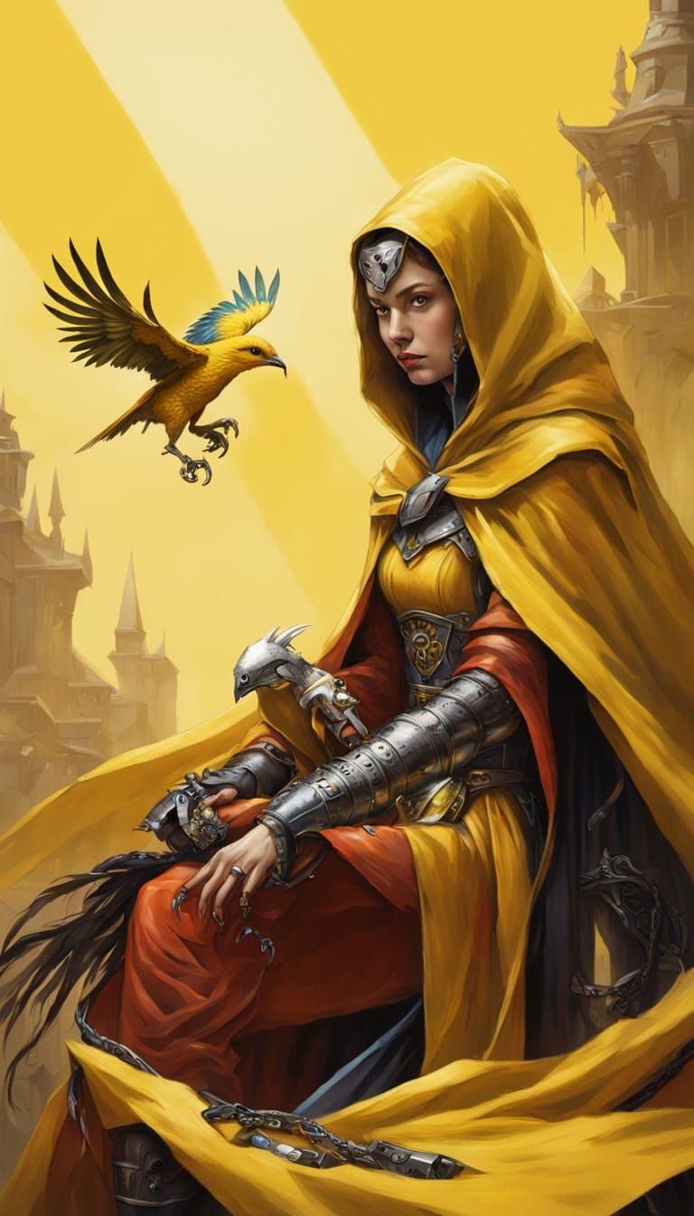 Priestess and Mechanical Bird in a Threatening Scene