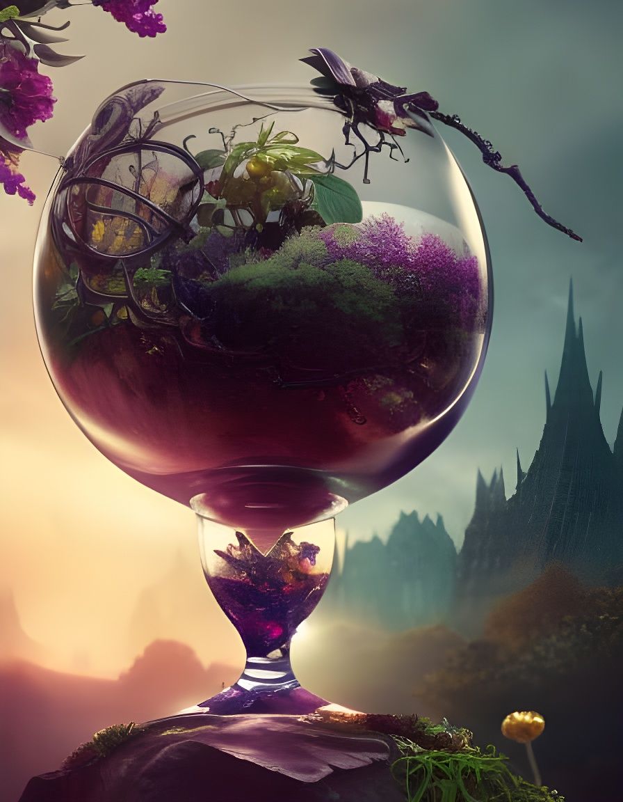 Steampunk Wineglass Bonsai Village: Digital Matte Painting