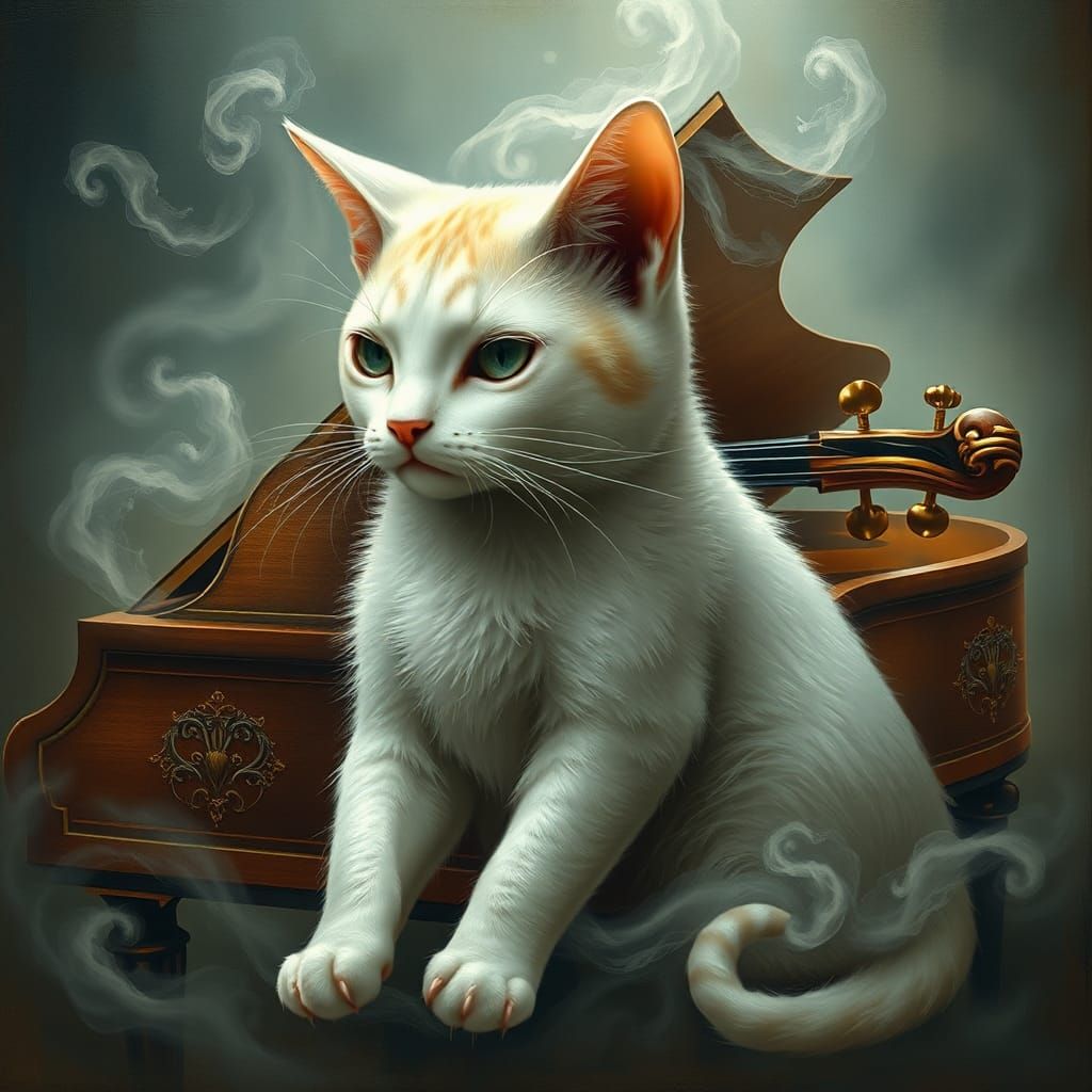 Surreal Cat: Violin Face, Piano Body in Dreamscape