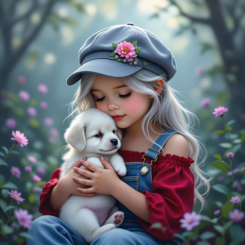 Whimsical Child with Puppy in Ethereal Forest