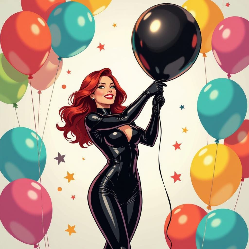 Black Widow Teasing Balloons in Whimsical Digital Art