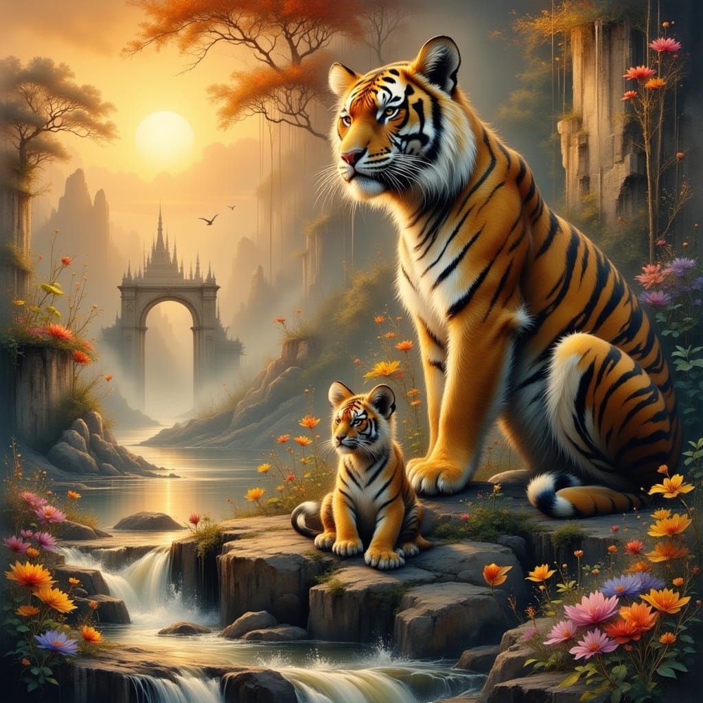Majestic Tiger and Cub Near Ruined Palace