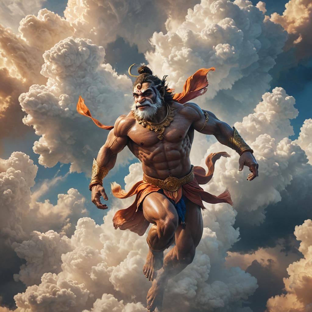 Lord Hanuman Soars Through Vibrant Clouds in Hyperrealistic....
