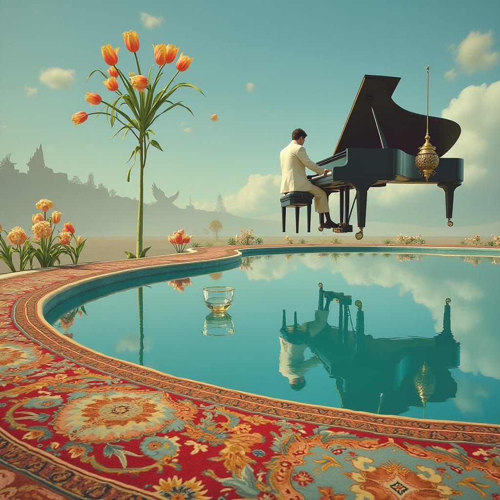 Floating Piano Player in Surreal Dreamscapes
