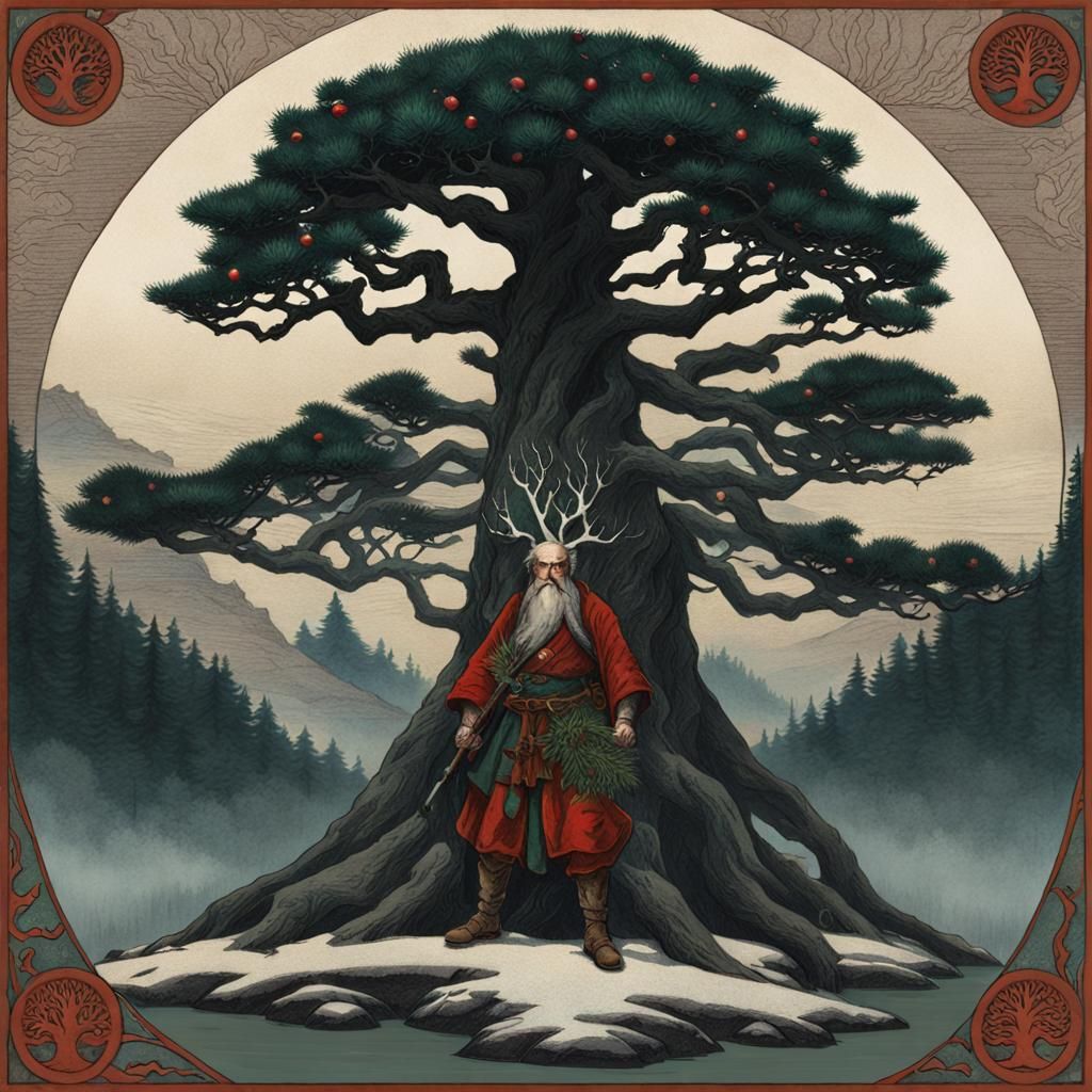 Samurai Santa Claus Before Yggdrasil Tree