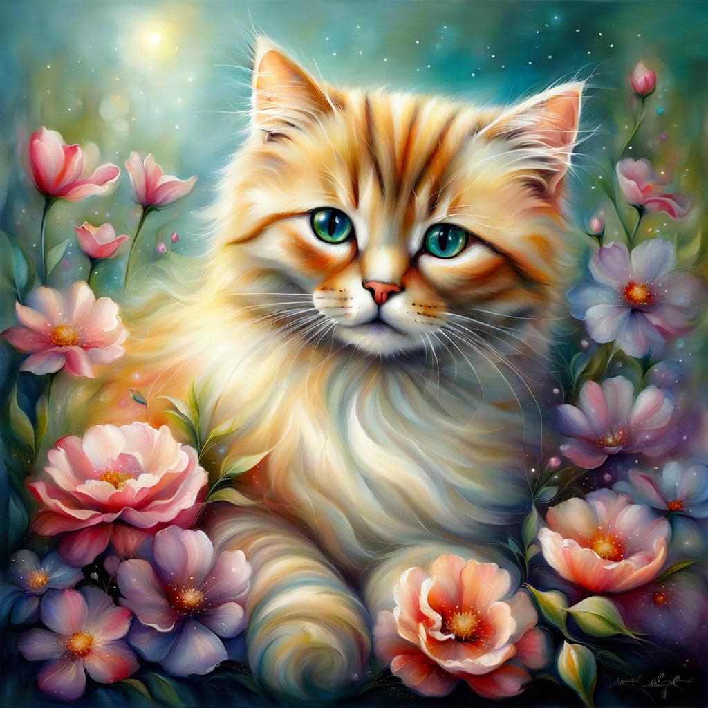 Cute Cat in Floral Display: Abstract Art Style