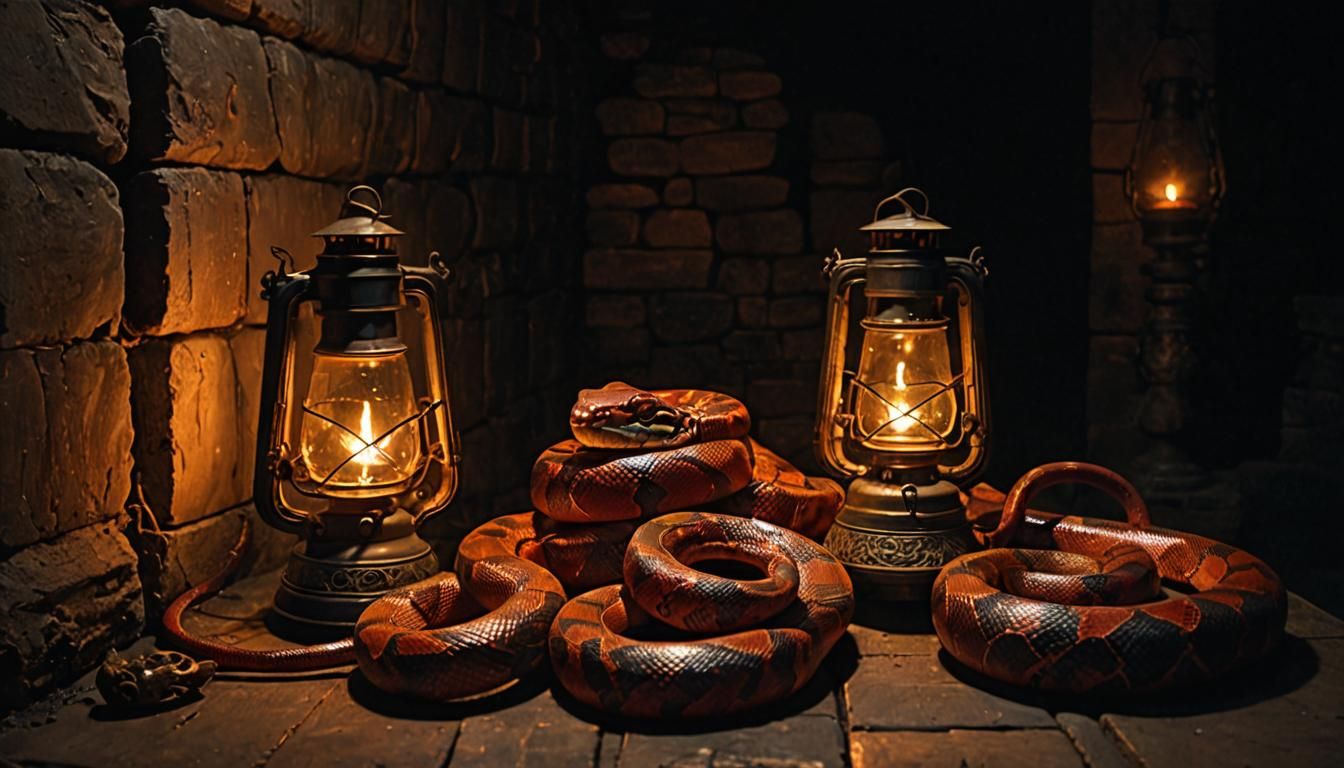 Red Pythons Entwined Around Luminous Oil Lamps