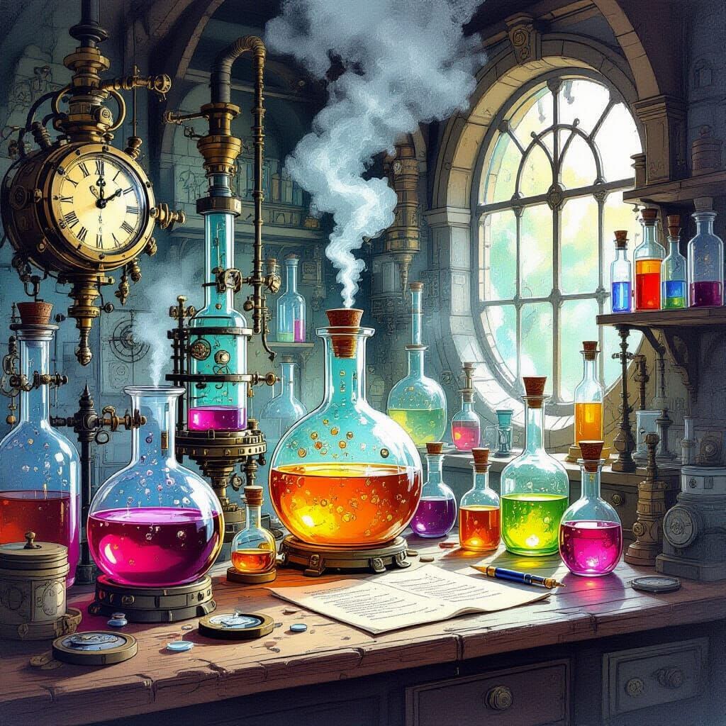 Steampunk Laboratory Gouache Painting