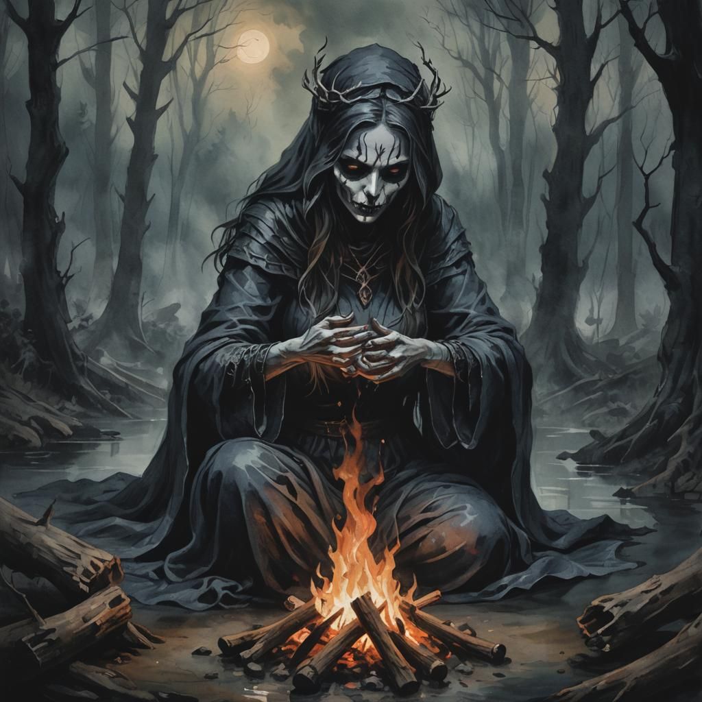 Lich Woman Warming Hands by Campfire in Watercolor