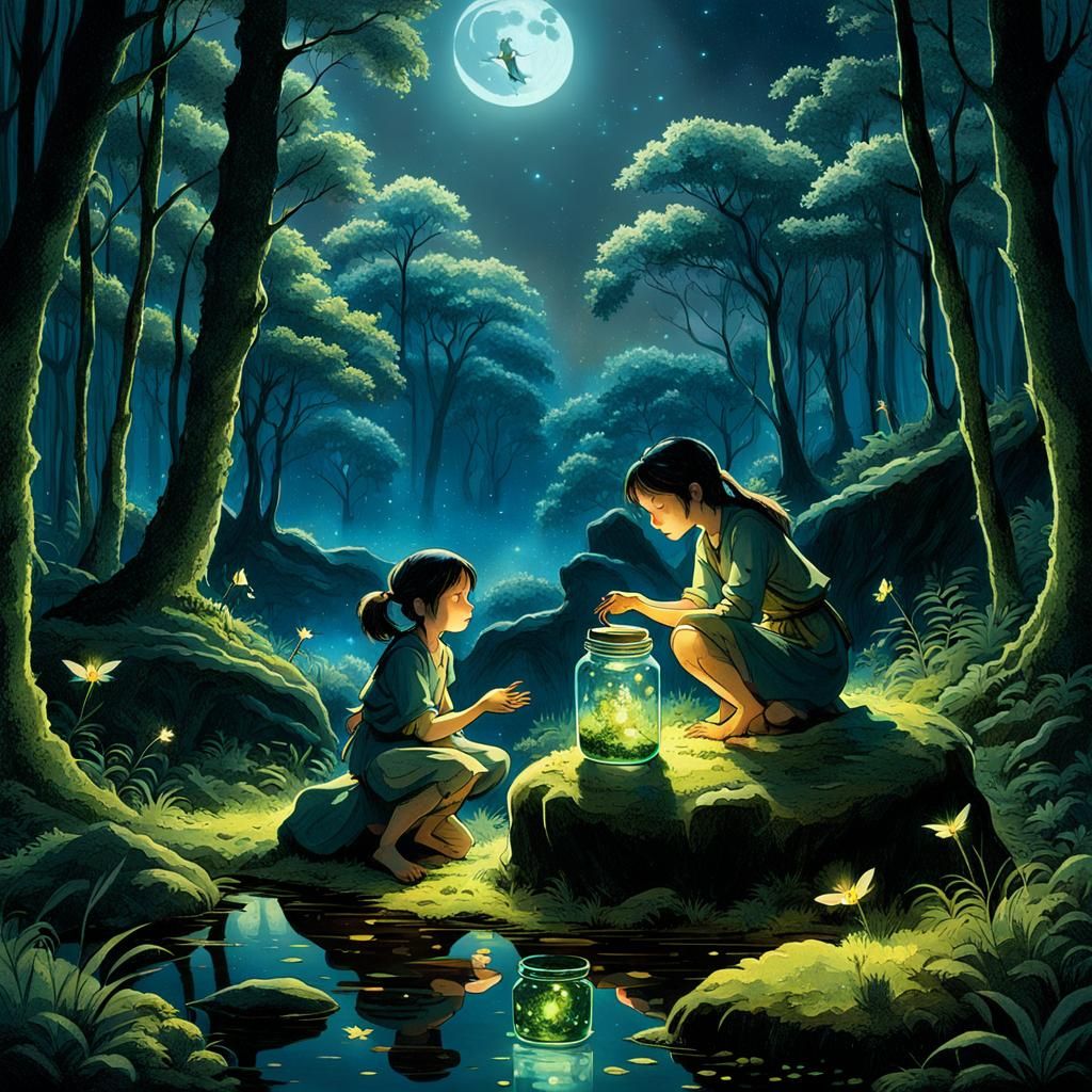 Enchanted Forest Clearing with Fireflies, Detailed Matte Pai...