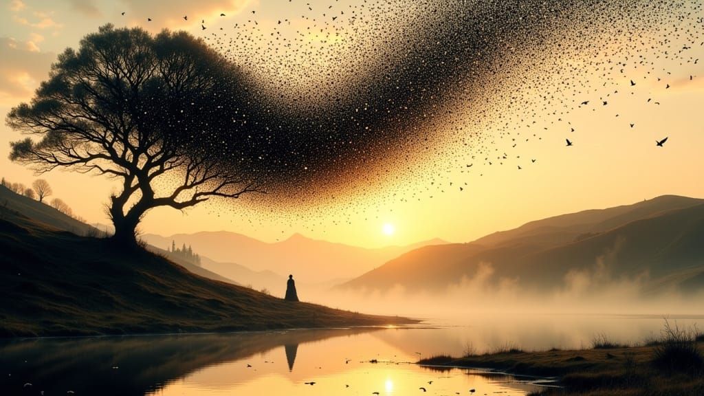 Ethereal Starling Murmuration in Golden Light