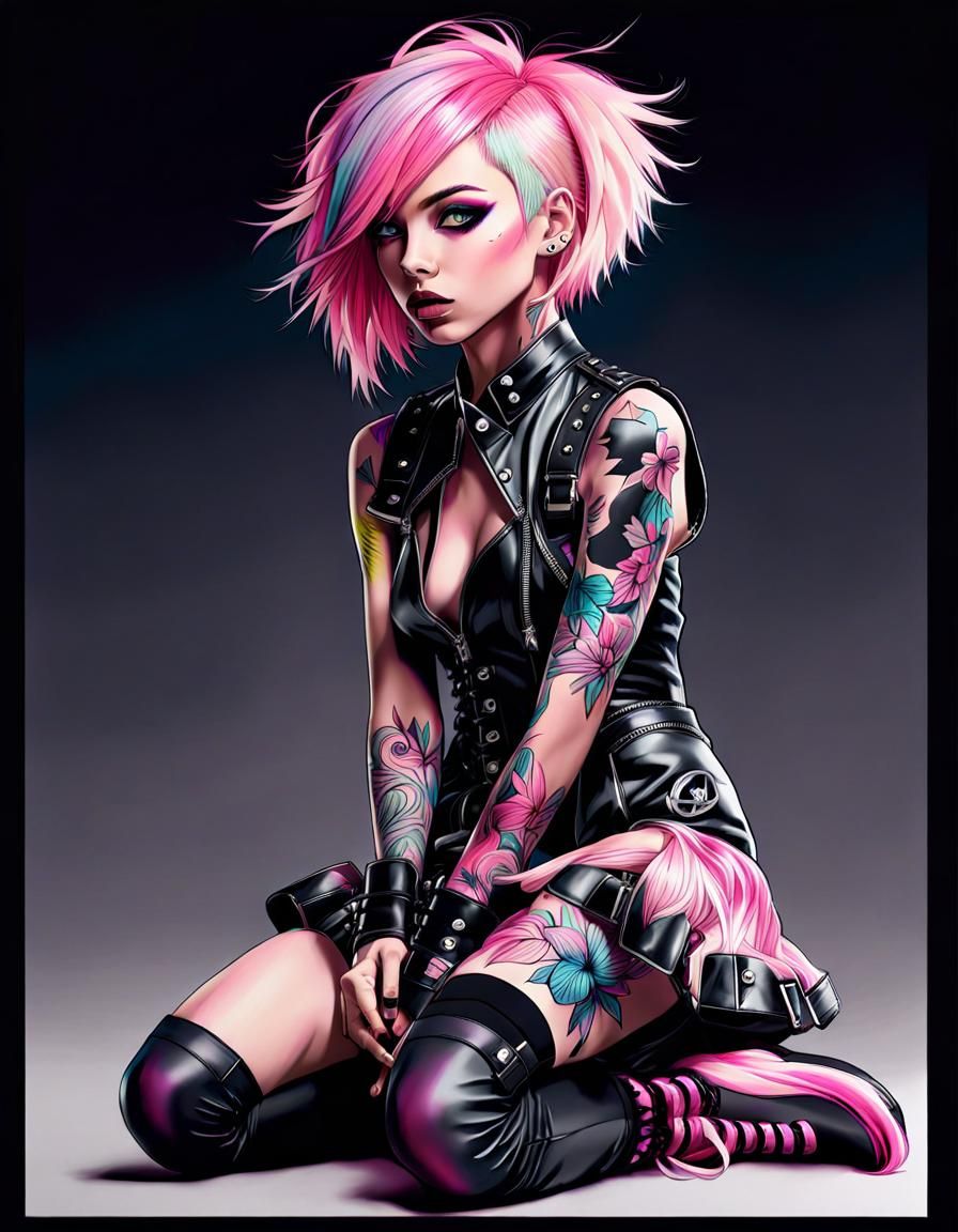 Emo Punk Girl in Flowy Gown: Ink Drawing