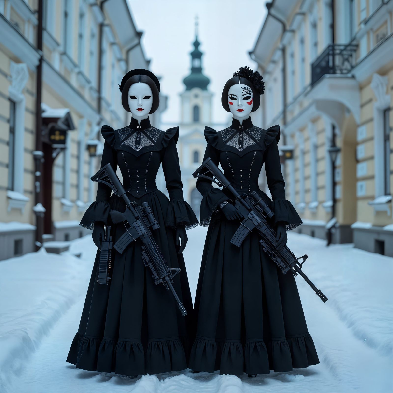 Gothic Mannequin Puppets in Snowy Vilnius, Cyberpunk Style