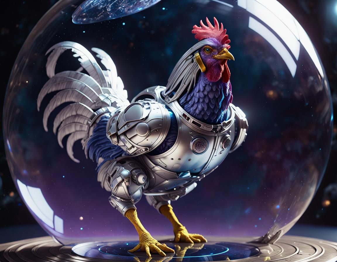 Astronaut Chicken on Glass Globe, Dark Fantasy Art