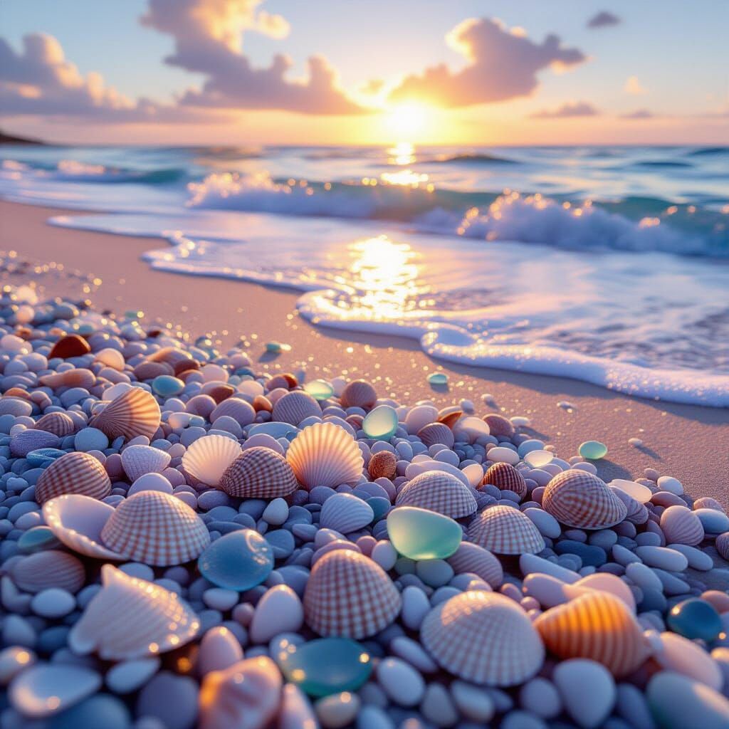 Hyperrealistic Sea Glass Beach at Dawn Mist