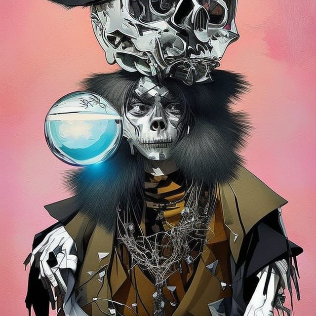 Chibi Skeleton Fortune Teller Portrait, Mixed-Media Style