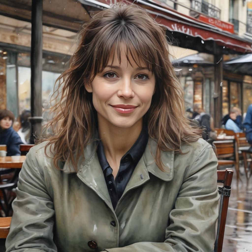 Watercolor Portrait of a Smiling Woman in Paris Cafe