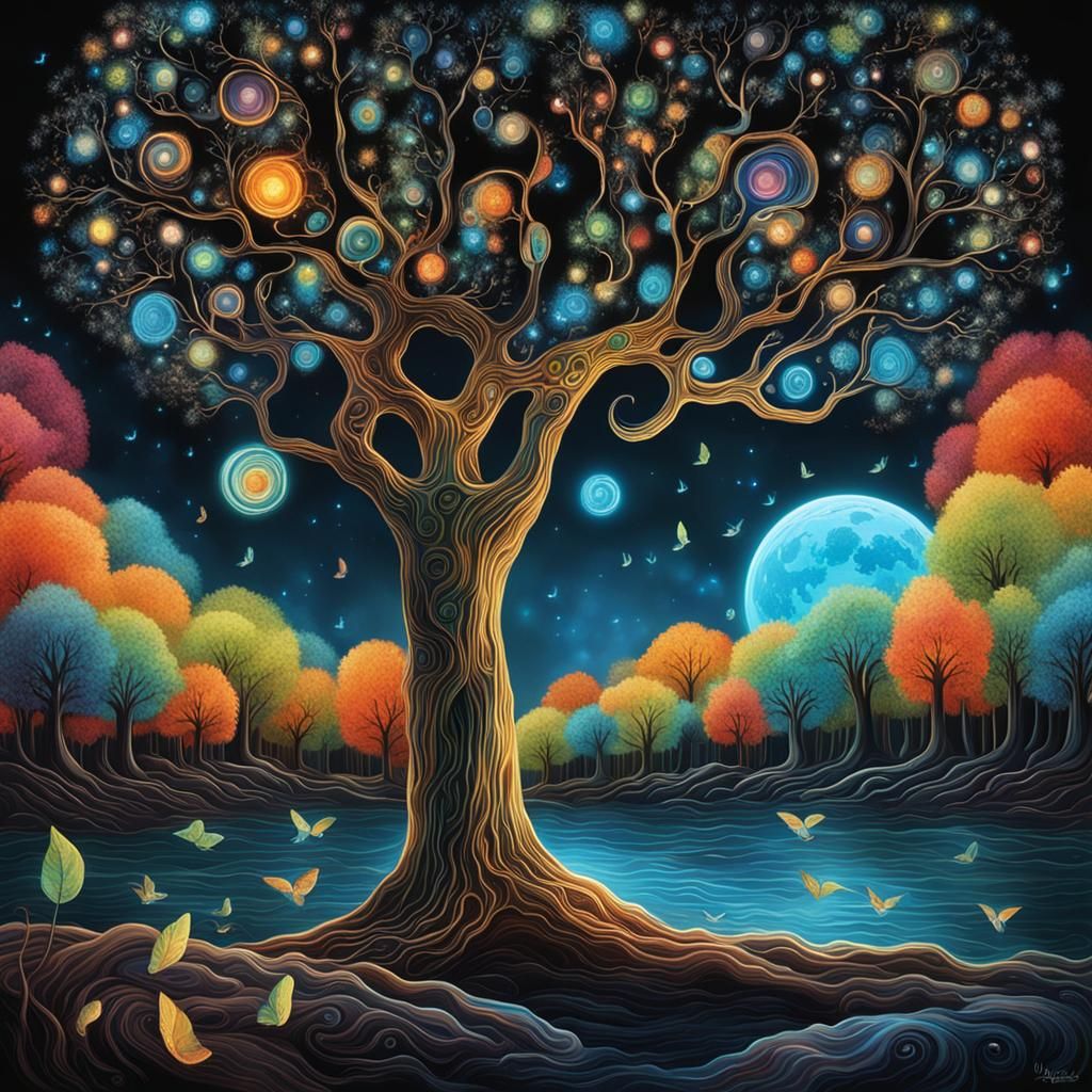 Bioluminescent Tree Musician Metaphor in Vibrant Colors