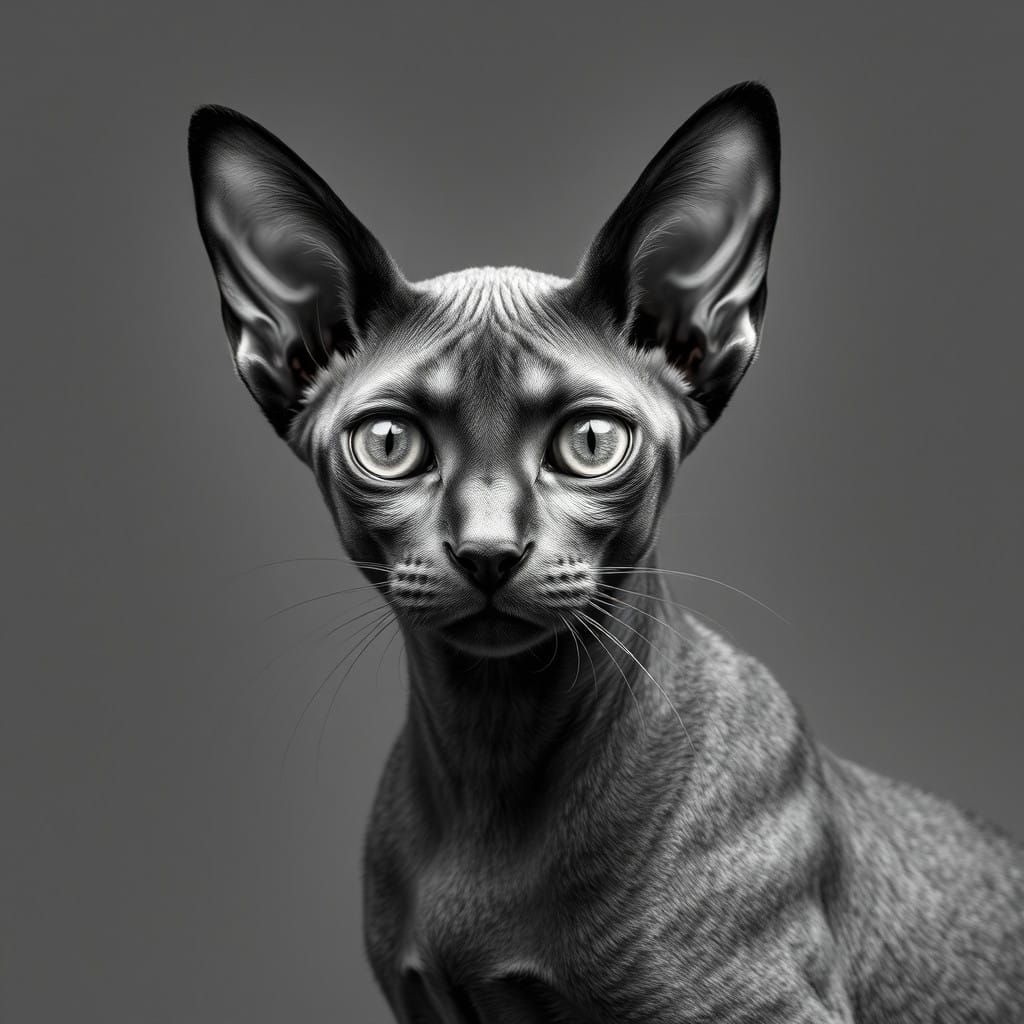 Monochrome Devon Rex Portrait on Grey