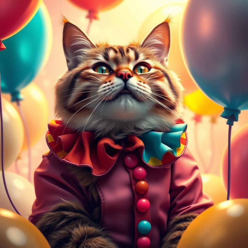 Whimsical British Cat in Vibrant Clown Costume Basks in Gold...