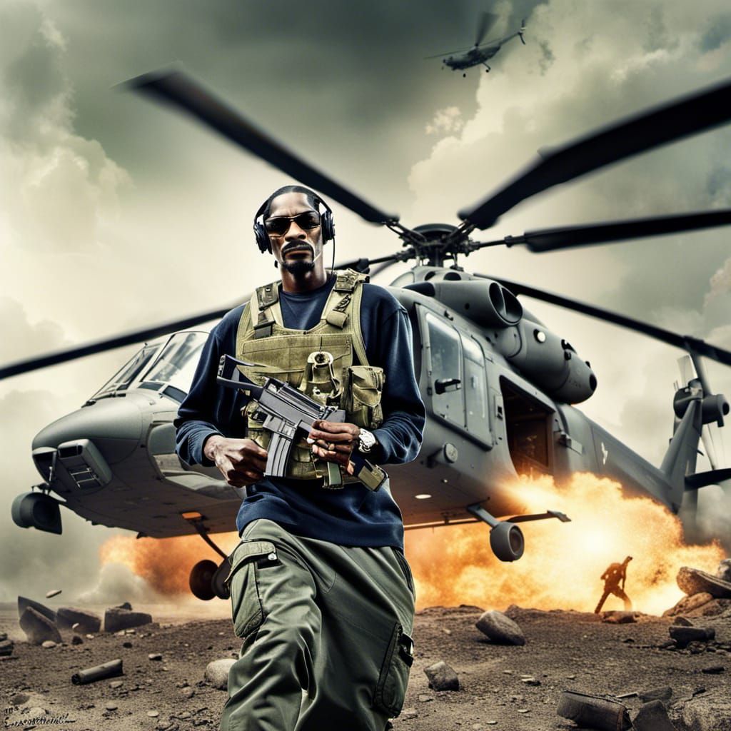 Snoop Dogg on Battlefield in Hyperrealistic Style