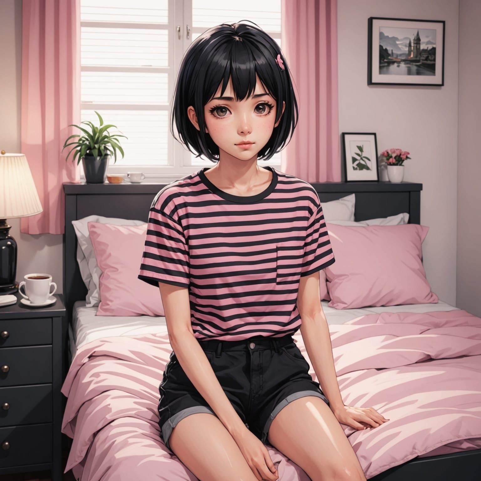 Elegant Emo Girl Sips Coffee in Anime Style