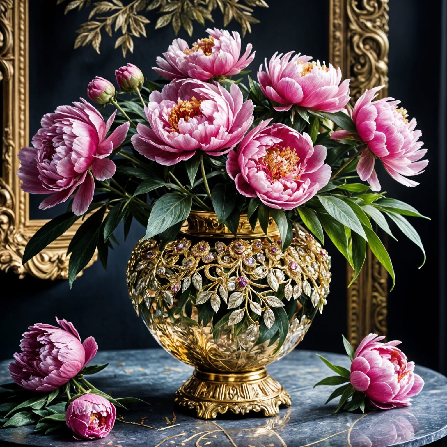 Ornate Gold Vase with Pink Peonies in Stunning Detail