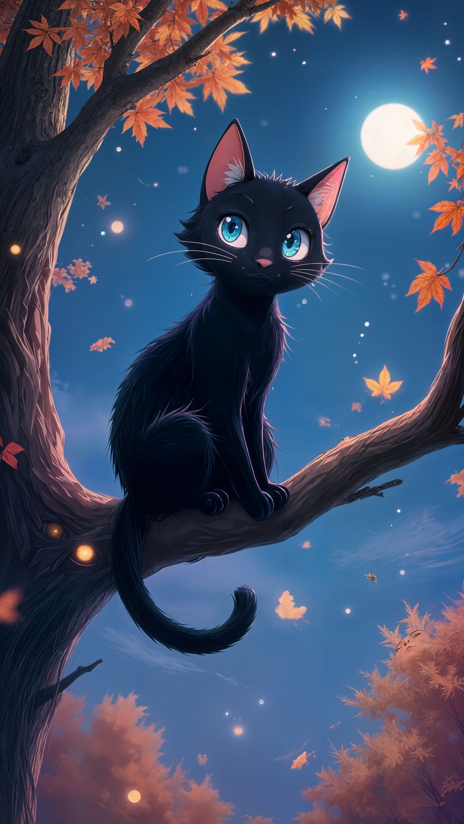 Anime Black Cat on Tree Branch in Autumn Night