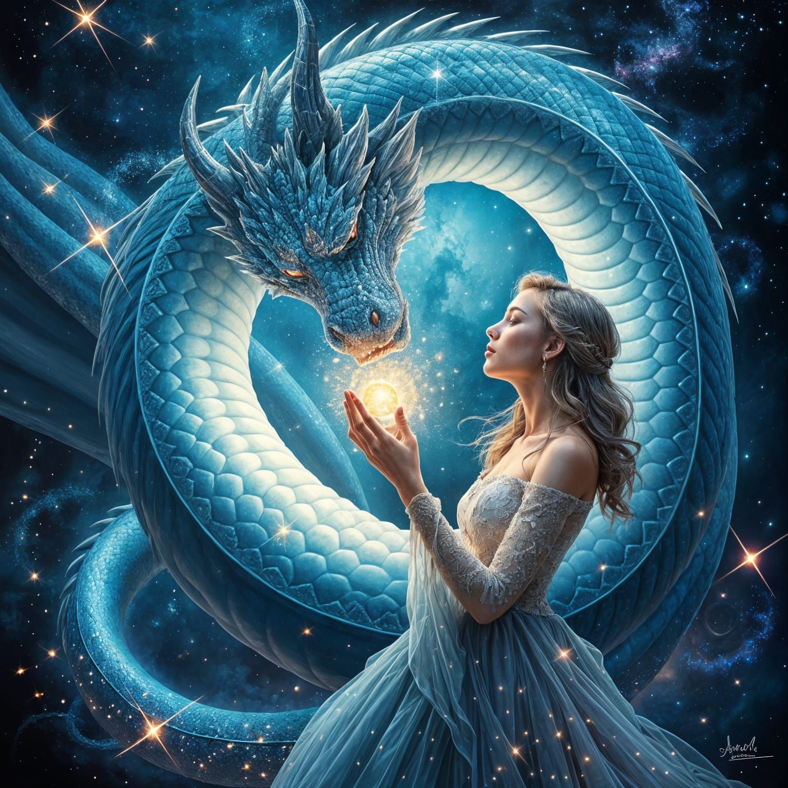 Celestial Woman and Cosmic Dragon in Gouache Style