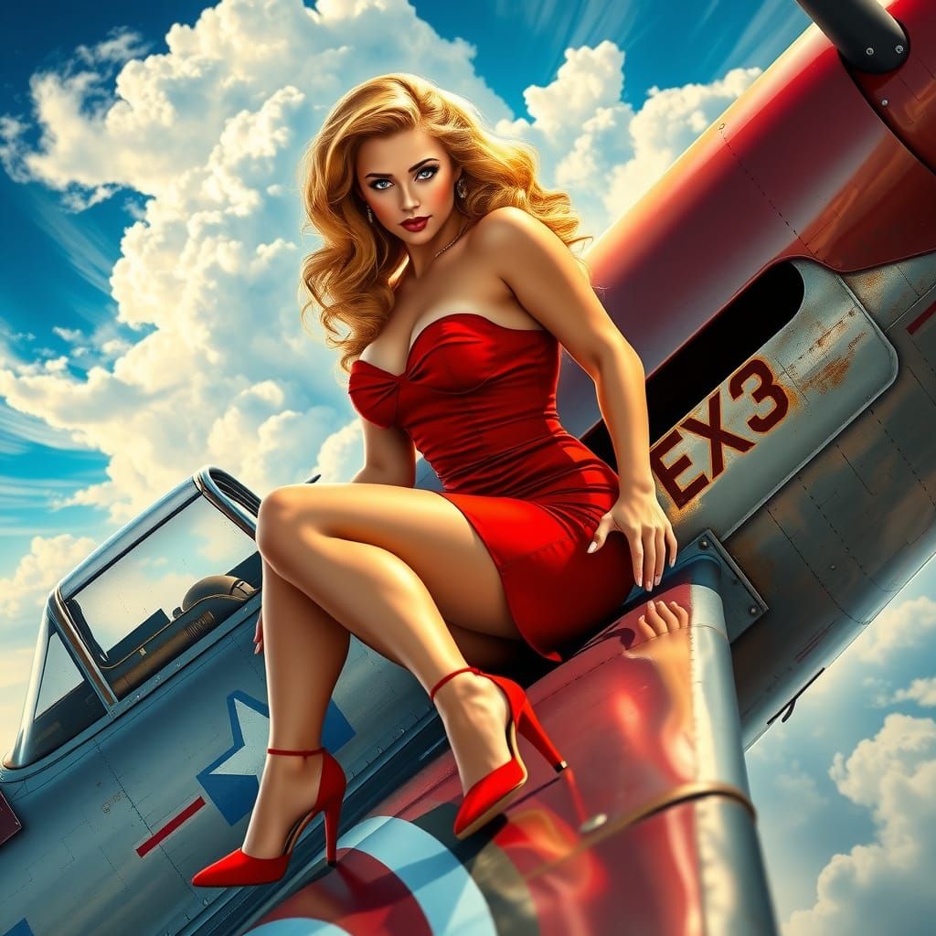 Stunning Pinup Model Poses on WWII Era T-6 Texan Airplane in...